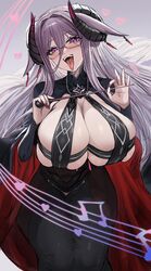  absurdres azur_lane black_dress breasts curvy dress female friedrich_carl_(azur_lane) glasses heart highres horns huge_breasts jewelry kaki_z3 long_hair long_sleeves looking_at_viewer mole mole_under_mouth purple_eyes purple_hair simple_background solo tongue tongue_out 