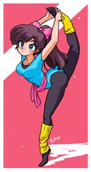  1980s_(style) arms_up ass belt black_pantyhose black_undershirt blue_eyes blue_leotard bow breasts brown_hair exercising female gymnastics hairbow high_ponytail kuonji_ukyou leg_up leotard long_hair looking_up medium_breasts pantyhose pink_belt pink_bow ranma_1/2 retro_artstyle signature standing standing_on_one_leg stretching sweatdrop tiptoes two-tone_background wanta_(futoshi) yellow_leg_warmers 