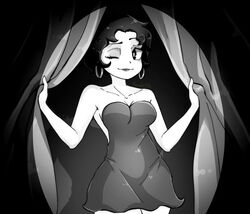  absurdres bare_shoulders betty_boop betty_boop_(series) breasts cleavage closed_mouth collarbone commentary curtain_grab curtains dress earrings eyelashes female highres hoop_earrings jewelry lipstick looking_at_viewer makeup monochrome one_eye_closed shadow short_dress short_hair solo strapless strapless_dress yongelli13 