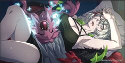  arm_up armpits breasts cleavage diabellstar_the_black_witch duel_monster female green_hair grey_hair large_breasts laundry_(randorii) legs medium_hair multicolored_hair one_eye_closed pale_skin second-party_source snake-eyes_poplar tank_top thighs yu-gi-oh! 