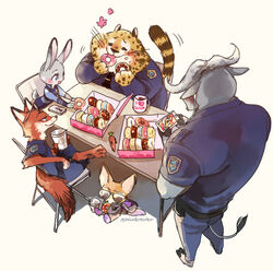  benjamin_clawhauser box buffalo cellphone cheetah chief_bogo commentary cup desk disposable_coffee_cup disposable_cup doughnut earbuds earphones eating english_commentary finnick_(zootopia) food fox furry gazelle_(zootopia) heart heart_print horns judy_hopps mug mug_writing nair_(mindcreator) nick_wilde open_mouth phone police police_uniform print_mug rabbit smartphone smile sunglasses uniform unworn_eyewear zootopia 