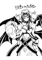  artist_request bat bat_(symbol) bat_wings bikini_top breasts bridal_gauntlets bustier cleavage collar demon_girl digimon eyeshadow facial_mark female female fusion helmet large_breasts lilithmon lipstick makeup mervamon midriff monochrome multiple_braids multiple_wings navel o-ring_top oerba_yun_fang seven_great_demon_lords shoulder_pads sin_(pixiv_id_327955) skirt smile snake solo succubus tattoo wings 