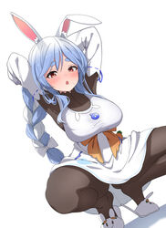  absurdres animal_ear_fluff animal_ears animal_slippers arms_up black_bodysuit blue_hair blush bodysuit bow braid braided_ponytail breasts dress eru_(l_illust45) female full_body hairbow highres hololive large_breasts long_hair looking_at_viewer mature_female multicolored_hair pantyhose pekomama rabbit_ears rabbit_girl short_eyebrows slippers solo spread_legs squatting tiptoes two-tone_hair virtual_youtuber white_bow white_dress white_footwear white_hair 