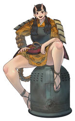  arm_wrap armor bell chipped_tooth commentary curvy dungeon_meshi english_commentary female full_body highres horns inutade japanese_armor japanese_clothes kimono knee_up long_hair looking_at_viewer low_twintails oni open_mouth parody print_kimono red_eyes rope sakamoto_kengo sekiro:_shadows_die_twice short_kimono shoulder_armor simple_background sitting smile sode solo taro_trooper teeth thick_thighs thighs twintails upper_teeth_only waraji white_background yellow_kimono 