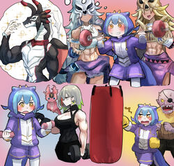  1boy 6+girls absurdres alternate_costume amazoness_golden_whip_master amazoness_silver_sword_master blonde_hair blue_hair boxing_gloves breasts character_request cleavage commission diabellstar_the_black_witch dragon_girl dragonmaid_sheou duel_monster dumbbell exercising faceless faceless_female grey_hair hatano_kiyoshi highres laundry_dragonmaid multiple_girls muscular muscular_female pixiv_commission punching punching_bag second_goblin snake-eyes_poplar track_suit weightlifting yellow_eyes yu-gi-oh! 