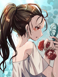  back backlighting blue_background blush brown_hair commentary ear_piercing female floating_hair forehead hair_pulled_back hand_fan hand_towel highres holding holding_fan holding_sponge hot komena_(shinyday312) messy_hair nape off_shoulder open_mouth original piercing ponytail profile red_eyes short_sleeves solo sponge sweat towel translation_request upper_body 