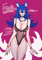  ahri_(league_of_legends) alternate_costume animal_ears arms_at_sides artist_name bare_shoulders black_choker black_leotard blue_hair blush breasts character_name choker citemer cleavage clothing_cutout collarbone commentary covered_navel curvy english_text facial_mark female flipped_hair fox_ears fox_tail grin groin hair_between_eyes hair_ornament hairclip happy headphones highleg highleg_leotard highres hip_focus lace lace-trimmed_leotard lace_trim large_breasts league_of_legends legs_together leotard lingerie lipstick long_hair looking_at_viewer makeup multiple_tails narrow_waist parted_bangs photoshop_(medium) purple_background red_lips see-through side_cutout sidelocks signature silhouette simple_background smile solo standing tail teddy_(lingerie) thighs underwear underwear_only whisker_markings wide_hips wristband yellow_eyes 