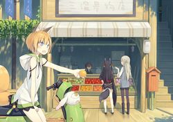  4girls animal_ear_fluff animal_ears black_hair blonde_hair blue_eyes commentary_request flower food fox_ears fox_tail fruit fruit_stand hair_ornament hood hoodie japanese_clothes kuroino_(poco) kuromitsu_nene long_hair motor_vehicle multiple_girls oerba_yun_fang on_scooter open_mouth orange_(fruit) original poco_(asahi_age) scooter shiratama_kitsune short_hair skirt smile stairs tail yukimi_(poco) 