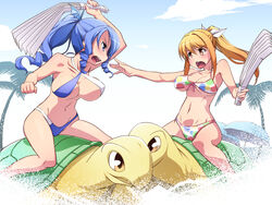  2girls animal bare_shoulders bikini blonde_hair blue_eyes blue_hair bouncing_breasts breasts cleavage cloud clouds drill_hair fighting highres large_breasts legs long_hair multiple_girls navel nightmare_express ocean open_mouth ponytail shimano_natsume sitting sky swimsuit thighs turtle umi_monogatari urin_(umi_monogatari) warin water yellow_eyes 