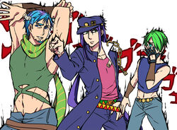  3boys battle_tendency blue_hair chains commentary_request cosplay crop_top facial_hair fingerless_gloves gakuran gloves green_hair hair_over_one_eye hat horns james_p._sullivan jojo_no_kimyou_na_bouken jonathan_joestar jonathan_joestar_(cosplay) joseph_joestar joseph_joestar_(young) joseph_joestar_(young)_(cosplay) kujo_jotaro kujo_jotaro_(cosplay) male_focus masaki_(star8moon) midriff mike_wazowski monsters_inc. multiple_boys personification phantom_blood purple_hair randall_boggs scarf school_uniform shirt short_hair sleeveless sleeveless_shirt smile stardust_crusaders 