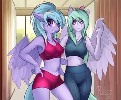  2018 absurd_res anthro breasts clothed clothing cloud_chaser_(mlp) detailed_background digital_media_(artwork) duo equid equine female flitter_(mlp) friendship_is_magic green_hair hair hasbro hi_res mammal my_little_pony mythological_creature mythological_equine mythology pegasus rublegun smile standing wings 