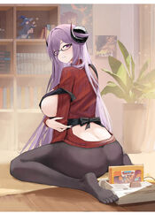  absurdres apron ass azur_lane black-framed_eyewear black_apron black_horns black_pantyhose book bookshelf breast_cutout breasts collared_sweater commentary controller curled_horns female figure framed_breasts friedrich_carl_(a_game_of_love)_(azur_lane) friedrich_carl_(azur_lane) from_behind game_cartridge game_controller hair_between_eyes hat highres horns huge_breasts indoors long_hair looking_at_viewer mature_female mole mole_under_mouth official_alternate_costume pantyhose plant potted_plant purple_eyes purple_hair red_sweater semi-rimless_eyewear solo suo_bu_ye_feng sweater witch_hat 