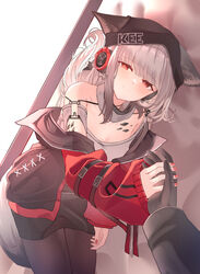  1other absurdres animal_ear_fluff animal_ears arknights bare_shoulders beanie black_gloves black_hat black_jacket black_pantyhose black_skirt blush closed_mouth dutch_angle ears_through_headwear female frostleaf_(arknights) gloves grey_hair grey_shirt half-closed_eyes hat headphones highres implied_extra_ears jacket long_hair long_sleeves looking_at_viewer lying material_growth nail_polish off_shoulder on_side open_clothes open_jacket oripathy_lesion_(arknights) out_of_frame pantyhose puffy_long_sleeves puffy_sleeves red_eyes red_nails shirt skirt sleeves_past_wrists smile suzubotan tail 