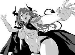  arm_up armpit_peek azur_lane azur_lane:_slow_ahead black_cape breasts cape demon_horns demon_tail devonshire_(azur_lane) devonshire_(sadistic_demon)_(azur_lane) female greyscale hori_(hori_no_su) horns large_breasts long_hair looking_at_viewer micro_shorts monochrome navel official_alternate_costume official_art open_mouth revealing_clothes shorts simple_background slit_pupils solo stomach tail white_background 