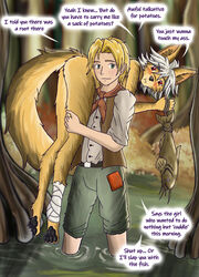  2024 absurd_res anthro azee_(links) bandage bandaged_leg blonde_hair blush brown_body brown_fur canid canine canis carrying_another carrying_partner clothed clothing cyote english_text farfener fish fishing fluffy fluffy_tail_links fur hair hi_res human humor lake luke_(links) mammal marine partially_submerged paws rope shiyan_(links) text the-farfener the_auroran_archives the_farfener theauroranarchive water white_hair windhill 