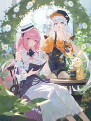  2girls ascot bare_shoulders black_ascot black_overalls blue_eyes blurry blurry_background blush book breasts cleavage cleavage_cutout clothing_cutout commentary_request cup depth_of_field detached_sleeves disposable_cup dress elysia_(honkai_impact) elysia_(sweet_memories)_(honkai_impact) flower frilled_dress frills hat highres holding holding_book holding_cup homu_(honkai_impact) honkai_(series) honkai_impact_3rd kiana_kaslana kiana_kaslana_(sweet_memories) korean_commentary large_breasts long_sleeves looking_at_viewer low_twintails modare mug multiple_girls off-shoulder_shirt off_shoulder official_alternate_costume open_book open_mouth orange_skirt overall_shorts overalls paw_print peaked_cap pink_hair puffy_long_sleeves puffy_sleeves purple_eyes shirt sitting skirt smile strap_slip twintails white_dress white_flower white_hair white_hat 