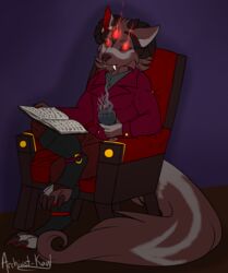  archivist-kayl armchair canid canid_demon canine canis chair crimson_(burgundy_wolf) demon furniture hellhound mammal mythological_canine mythological_creature mythology nonbinary_(lore) reading soul wolf 