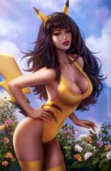  animal_ears artist_name bare_shoulders blue_sky breasts cleavage cloud comic_cover commentary cosplay costume covered_navel cowboy_shot day english_commentary fake_animal_ears female flower hand_on_own_hip highres large_breasts long_hair looking_at_viewer outdoors pikachu pikachu_(cosplay) pokemon sky solo standing sunkhamunaki thighs zenescope 