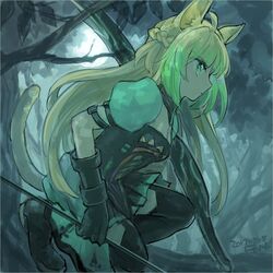  ahoge animal_ears arrow_(projectile) atalanta_(fate) braid breasts cat_ears cat_tail cleavage closed_mouth dress fate/apocrypha fate_(series) female fon-due_(fonfon) from_side green_eyes green_hair holding holding_arrow in_tree long_hair signature solo squatting tail thighhighs tree very_long_hair 