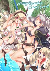  3girls ass belt bikini bikini_skirt blonde_hair blue_hair blush boots breasts cleavage cloak corrin_(fire_emblem) corrin_(fire_emblem)_(female) corrin_(fire_emblem)_(female)_(summer) curvy drill_hair elise_(fire_emblem) elise_(summer)_(fire_emblem) embarrassed erect_nipples female female_only fire_emblem fire_emblem_awakening fire_emblem_fates fire_emblem_heroes gloves human large_ass large_breasts lei long_hair looking_at_viewer lost_clothes multiple_girls navel nintendo nipple_bulge nipples one-piece_swimsuit outdoors palm_tree panties pantyhose pokies purple_bikini red_eyes renkonmatsuri robin_(female)_(summer)_(fire_emblem) robin_(fire_emblem) robin_(fire_emblem)_(female) smile swimsuit torn_clothes tree twintails white_bikini white_hair 