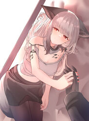  1other absurdres animal_ear_fluff animal_ears arknights bare_shoulders black_gloves black_pantyhose black_skirt blush closed_mouth crop_top dutch_angle female frostleaf_(arknights) gloves grey_hair grey_shirt half-closed_eyes highres long_hair long_sleeves looking_at_viewer lying material_growth midriff nail_polish off_shoulder on_side oripathy_lesion_(arknights) out_of_frame pantyhose red_eyes red_nails shirt skirt smile suzubotan tail 