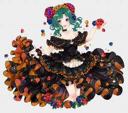  :d aqua_hair bare_shoulders black_choker black_dress blue_flower breasts choker cleavage clothes_lift collarbone colored_eyelashes dress dress_lift fate/grand_order fate_(series) female flower flower_wreath hair_intakes head_wreath highres holding holding_flower lifting_own_clothes medium_breasts medium_hair mexican_dress multicolored_flower off-shoulder_dress off_shoulder open_mouth orange_flower petals purple_eyes purple_flower red_flower salome_(fate) simple_background smile solo sumisu_(rinsumi) teeth upper_teeth_only white_background yellow_flower 