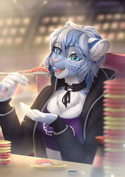  2024 5_fingers anthro blue_eyes blue_spots blurred_background breasts chest_tuft choker clothed clothing detailed detailed_background detailed_food eating felid female fingers food food_on_plate fur furniture grey_body grey_fur hair hi_res hoodie inner_ear_fluff jewelry khajiit looking_at_viewer m&#039;ria_(maks_hunt) mammal markings microsoft necklace pantherine plate plates_(disambiguation) sauce sitting smile snow_leopard solo spots spotted_body spotted_fur sticks sushi the_elder_scrolls topwear tuft ules white_body white_fur 