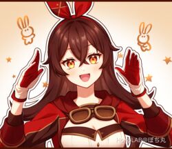  amber_(100_outrider)_(genshin_impact) amber_(genshin_impact) breasts brown_hair cleavage crossed_bangs fake_mrbeast_(meme) female genshin_impact gloves gradient_background hair_between_eyes hairband hands_up highres long_hair long_sleeves looking_at_viewer medium_breasts meme open_mouth pochimaru_(marumaru_wanwan) red_gloves red_hairband simple_background smile solo two-tone_gloves upper_body white_gloves yellow_eyes 