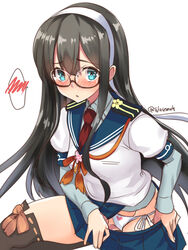  bikini bikini_under_clothes black_hair blue_eyes blue_sailor_collar blue_skirt blush brown_thighhighs commentary_request cowboy_shot duplicate epaulettes female glasses hairband heart heart_panties heart_print highres kantai_collection long_hair looking_at_viewer miniskirt necktie nose_blush ooyodo_(kancolle) panties pixel-perfect_duplicate pleated_skirt print_panties red_necktie sailor_collar school_uniform semi-rimless_eyewear serafuku side-tie_bikini_bottom simple_background skirt solo spoken_blush swimsuit takase_muh thighhighs twitter_username under-rim_eyewear underwear undressing white_background white_bikini 