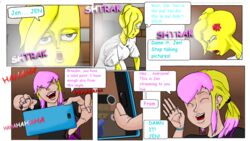  16:9 anthro avian bird blonde_hair cellphone chica_(fnaf) chicken comic_sans dagney duo ear_piercing electronics english_text female five_nights_at_freddy&#039;s freckled_arms freckles galliform gallus_(genus) gender_confusion gender_transformation hair human humanoid mammal mtf_transformation phasianid phone piercing pink_hair pregnant scottgames text transformation widescreen 