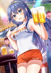  1boy alcohol alternate_breast_size alternate_costume beer blue_eyes blue_hair blurry blurry_background blush breasts chicken_(food) cleavage commission cowboy_shot cup female fire_emblem fire_emblem_awakening food highres holding holding_cup holding_tray hooters long_hair looking_at_viewer lucina_(fire_emblem) medium_breasts no_legwear open_mouth orange_shorts shirt short_shorts shorts skeb_commission sleeveless sleeveless_shirt symbol_in_eye teeth tiara tray upper_teeth_only white_shirt yam_(yamap_mako) 