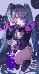  39 alternate_costume aqua_hair arm_warmers blue_eyes blue_thighhighs decora female full_body hair_ornament hairclip hatsune_miku highres hitokoto jewelry long_hair long_sleeves looking_at_viewer miku_day multiple_rings ok_sign parted_lips purple_footwear ring shorts shrug_(clothing) single_arm_warmer single_thighhigh solo squatting sticker_on_face thigh_strap thighhighs torn_clothes torn_thighhighs twintails very_long_hair vocaloid white_shorts 