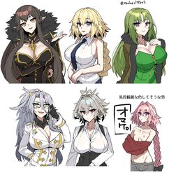  1boy 5girls artist_name astolfo_(fate) bare_shoulders black_hair blonde_hair braid braided_ponytail breasts celenike_icecolle_yggdmillennia cleavage collarbone commentary_request fate/apocrypha fate_(series) genderswap_(mtf) glasses gloves green_eyes green_hair grey_hair hair_between_eyes haoro highres jeanne_d&#039;arc_(fate) jeanne_d&#039;arc_(girl_from_orleans)_(fate) jewelry large_breasts long_hair long_sleeves multicolored_hair multiple_girls necklace nipples oerba_yun_fang open_mouth pink_hair pointy_ears purple_eyes red_eyes rikudou_reika rule_63 semiramis_(fate) short_hair sieg_(fate) simple_background sleeveless streaked_hair sweat teeth tongue translation_request twitter_username two-tone_hair upper_body watermark white_background white_hair yellow_eyes 