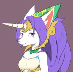  2020 anthro breasts canid canine clothed clothing digital_media_(artwork) female fur hair headdress hi_res horn legend_of_mana looking_at_viewer mammal mana_(series) purple_eyes purple_hair sierra_(mana) solo square_enix vecnarvi white_body white_fur 