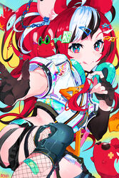  :q absurdres animal_ears asymmetrical_gloves black_gloves black_hair blue_eyes crop_top cropped_jacket detached_sleeves female fingerless_gloves fishnet_thighhighs fishnets gloves hair_ornament hairclip hakos_baelz hakos_baelz_(casual) headphones headphones_around_neck highres hololive hololive_english jacket knee_pads mismatched_gloves mouse_ears mouse_girl mouse_tail mr._squeaks_(hakos_baelz) multicolored_hair official_alternate_costume puffy_short_sleeves puffy_sleeves red_hair rokka_(rokka_013a) short_sleeves single_detached_sleeve single_fingerless_glove solo streaked_hair tail thighhighs tongue tongue_out twintails virtual_youtuber white_hair white_jacket 