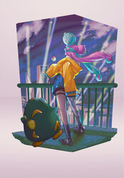  bellibolt bike_shorts boots character_hair_ornament cloud commentary_request female fence green_hair grey_footwear hair_ornament highres iono_(pokemon) jacket long_hair multicolored_hair night outdoors pikushibu_(kubotakado) pink_hair pokemon pokemon_(creature) pokemon_sv single_leg_pantyhose sky standing thigh_strap twintails two-tone_hair yellow_jacket 