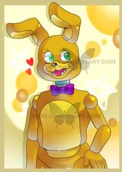  2015 animatronic anthro better_version_at_source bow_tie e-c98 femboy five_nights_at_freddy&#039;s five_nights_at_freddy&#039;s_3 five_nights_at_freddy&#039;s_4 green_eyes hand_on_hip heart_symbol hi_res irreplaceable_bvas lagomorph leporid long_ears looking_aside machine male mammal open_mouth open_smile rabbit robot scottgames smile solo spring_bonnie_(fnaf) unavailable_at_source watermark yellow_body 