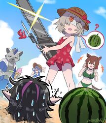  +++ 2boys 3girls ? alternate_costume animal_ears arknights bayonet beach blindfold buried catapult_(arknights) chainsaw clueless cup disposable_cup drink drinking_straw food fruit furry furry_male hat holding holding_chainsaw holding_drink holding_food horse_ears horse_girl horse_tail hyena_boy ice_cream memetaroh midnight_(arknights) multiple_boys multiple_girls orchid_(arknights) outdoors pointing pointy_ears popukar_(arknights) running scared spot_(arknights) straw_hat suikawari sun_hat sweatdrop swimsuit tail watermelon weapon 