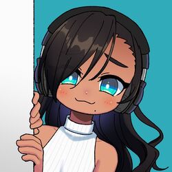  aqua_background aqua_eyes around_corner asymmetrical_bangs avatar_generator ban_(ban026) black_hair bright_pupils commentary_request dark-skinned_female dark_skin female halterneck headphones humanization long_hair looking_at_viewer marina_(splatoon) mole mole_under_mouth octoling peeking_out picrew_(medium) ribbed_shirt shirt simple_background smile solo splatoon_(series) splinter_fish59 white_pupils white_shirt 