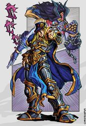  2boys arm_up armor arthas_menethil blonde_hair blue_cloak blue_eyes blue_headwear chains cloak colored_skin commentary crossover english_commentary forehead_jewel full_body gloves goddasaurus grey_background hat hat_over_one_eye highres horns jojo_no_kimyou_na_bouken jojo_pose kel&#039;thuzad kujo_jotaro kujo_jotaro&#039;s_pose_(jojo) lips long_hair looking_at_viewer multiple_boys one_eye_covered pointing pointing_at_viewer pose purple_gloves purple_hair purple_skin stand_(jojo) standing star_(symbol) star_platinum warcraft warcraft_iii world_of_warcraft 