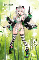  animal_ears bare_shoulders bikini bikini_under_clothes black_bikini boots braid breasts brown_eyes commentary_request crown_braid dsmile dual_wielding female full_body fur_trim green_background green_theme grey_hair gun hair_between_eyes handgun holding jacket large_breasts legs_apart looking_at_viewer lynn_(pride_of_eden) multi-strapped_bikini off_shoulder official_art panda_ears pelvic_curtain red:_pride_of_eden revealing_clothes scientific_name see-through short_hair side-tie_bikini_bottom sidelocks solo standing string_bikini striped_clothes striped_thighhighs swimsuit thighhighs trigger_discipline turtleneck weapon 