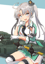  ahoge aircraft airplane akitsushima_(kancolle) anchor_hair_ornament armpit_cutout bridal_garter clothing_cutout female flying_boat fuji_(pixiv24804665) grey_hair hair_ornament hair_ribbon hat highres jacket kantai_collection long_hair looking_at_viewer machinery military military_uniform mini_hat nishikitaitei-chan pleated_skirt purple_eyes ribbon side_ponytail sidelocks skirt smile thighhighs uniform 