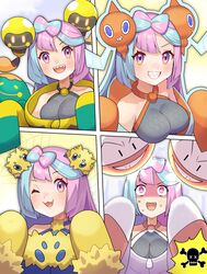  :d alternate_color bellibolt blush breasts commentary_request electrode_(pokemon) female grey_shirt grin highres iono_(pokemon) jacket joltik katwo long_hair multiple_views oerba_yun_fang open_mouth pink_hair pokemon pokemon_(creature) pokemon_sv rotom rotom_(normal) shaded_face shirt sleeveless sleeveless_shirt smile sweat tadbulb teeth tongue upper_teeth_only yellow_jacket 