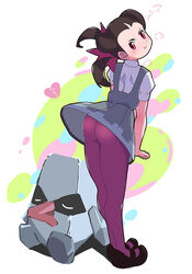  ass black_footwear brown_hair closed_mouth commentary_request dress eyelashes female grey_dress hair_ribbon heart leaning_forward long_hair looking_back masamu_(leonore69) nosepass pantyhose pink_eyes pokemon pokemon_(creature) pokemon_oras pout puff_of_air purple_pantyhose purple_ribbon ribbon roxanne_(pokemon) shirt shoes short_sleeves 