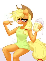  2023 3:4 absurd_res alcohol anthro anthrofied applejack_(mlp) beer beer_mug beverage blonde_hair blush blush_lines breasts bubble clothing colored container covered_breasts cowboy_hat cup digital_drawing_(artwork) digital_media_(artwork) dress drunk drunk_bubble earth_pony equid equine eyebrow_through_hair eyebrows eyelashes female freckles friendship_is_magic fur gesture green_clothing green_eyes green_topwear grin grinning_at_viewer hair hand_gesture hasbro hat headgear headwear hi_res holding_container holding_cup holding_mug holding_object horse looking_at_viewer mammal mug my_little_pony orange_body orange_fur pony red_eyes rtootb scrunchie shaded signature simple_background sitting smile solo substance_intoxication tail topwear translucent translucent_hair underwear v_sign watermark white_background yellow_tail 