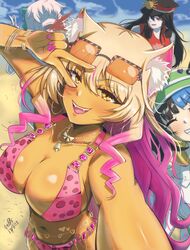  4girls animal_ears beach blonde_hair blush breasts dark-skinned_female dark_skin eyewear_on_head fate/grand_order fate_(series) fox_ears fox_girl gradient_hair highres large_breasts long_hair looking_at_viewer multicolored_hair multiple_girls oda_nobunaga_(fate) oda_nobunaga_(swimsuit_berserker)_(fate) oda_nobunaga_(swimsuit_berserker)_(first_ascension)_(fate) okita_j._souji_(fate) okita_j._souji_(third_ascension)_(fate) okita_souji_(fate) open_mouth pink_hair sei_shounagon_(fate) sei_shounagon_(swimsuit_berserker)_(fate) sidelocks smile suzuka_gozen_(fate) suzuka_gozen_(swimsuit_rider)_(fate) suzuka_gozen_(swimsuit_rider)_(second_ascension)_(fate) tan tetsu_no_samurai v v_over_eye yellow_eyes 