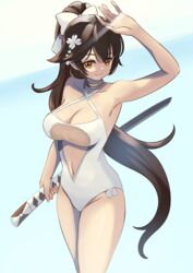  arm_up armpits azur_lane bad_id bad_pixiv_id bare_shoulders black_hair blunt_bangs bow breasts brown_eyes cleavage collarbone commentary_request eyes_visible_through_hair female flower hair_between_eyes hair_flower hair_ornament hair_ribbon hairbow highres holding holding_sword holding_weapon katana long_hair looking_at_viewer manjirou_(manji_illust) official_alternate_costume one-piece_swimsuit ponytail ribbon shading_eyes sidelocks simple_background smile solo swimsuit sword takao_(azur_lane) takao_(beach_rhapsody)_(azur_lane) two-tone_background weapon white_one-piece_swimsuit 