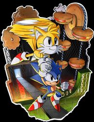  conveyor_belt finik flying furry furry_male gears gloves highres in-universe_location motion_blur outline ring_(sonic) shoes sonic_(series) sonic_the_hedgehog sonic_the_hedgehog_(classic) sonic_the_hedgehog_2 tails_(sonic) white_gloves white_outline 