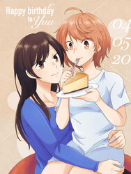  2girls birthday birthday_cake brown_hair cake character_name closed_mouth commentary_request dated eating english_commentary english_text food fork gaogaotama happy_birthday highres holding koito_yuu legs_together long_hair long_sleeves mixed-language_commentary multiple_girls nanami_touko orange_hair plate short_hair short_sleeves sitting yagate_kimi_ni_naru yellow_eyes yuri 