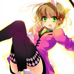  alternate_color animal_ears argyle_clothes argyle_legwear bad_id bad_pixiv_id black_thighhighs blazer brown_hair female green_eyes jacket leia_rolando miyu_(matsunohara) rabbit_ears short_hair smile solo tales_of_(series) tales_of_xillia tales_of_xillia_2 thighhighs yellow_background 